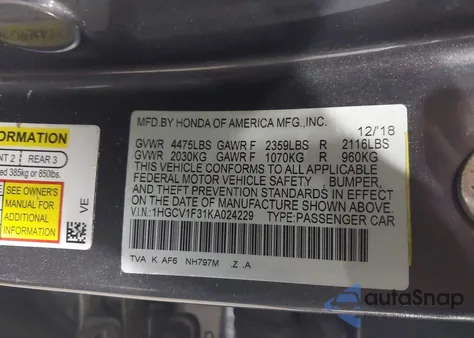 2019 Honda Accord Sport z USA, uszkodzony, nr VIN 1HGCV1F31KA024229